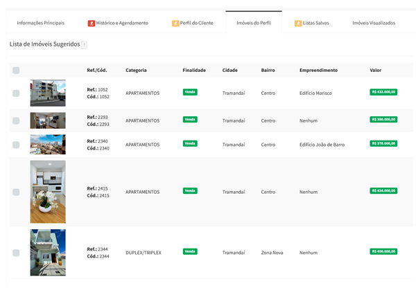 Lista de imóveis compatíveis com o perfil do cliente no Imobisis