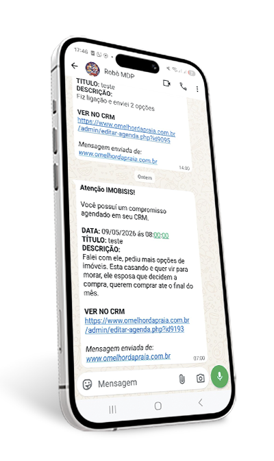 Mensagem de notificação enviada pelo CRM Imobisis no WhatsApp
